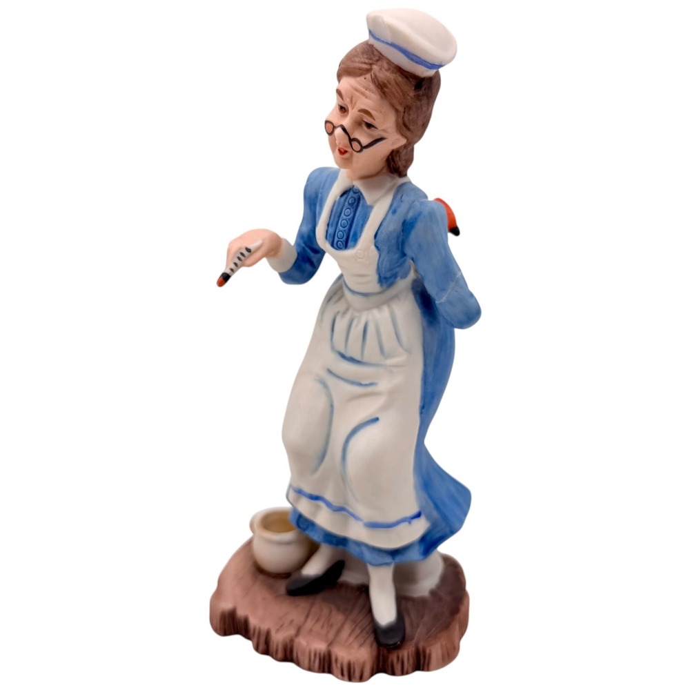 Vintage Ceramic Nurse Figurine Blue Uniform Thermometer Hot Water Bottle Bedpan